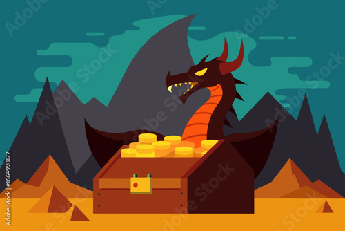 Dragon's lair with piles of gold and treasure vector illustration