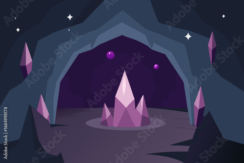 Dark cave with sparkling crystals vector illustration