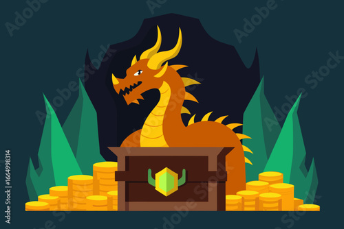 A dragon's treasure lair with piles of coins vector illustration