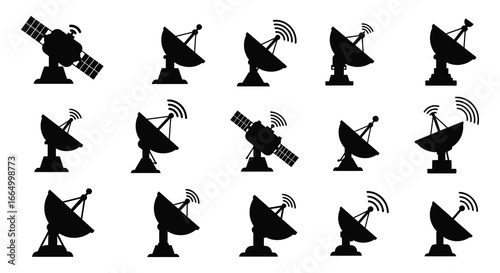 Collection of satellite dishes and antennas in various positions and orientations