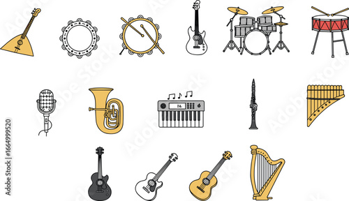Set of cartoon musical instruments – vector illustrations of drums, guitars, keyboard, microphone, harp, tuba, flute, and more.