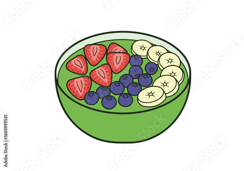 Bowl of smoothies with banana, blueberries, and strawberries on a white background
