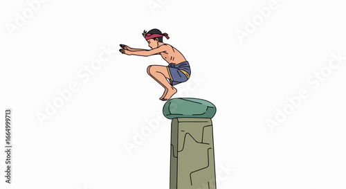 Man poised to jump from a high pillar with focused determination.