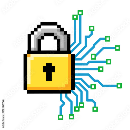 A pixelated padlock icon representing security, integrated with circuit board elements.