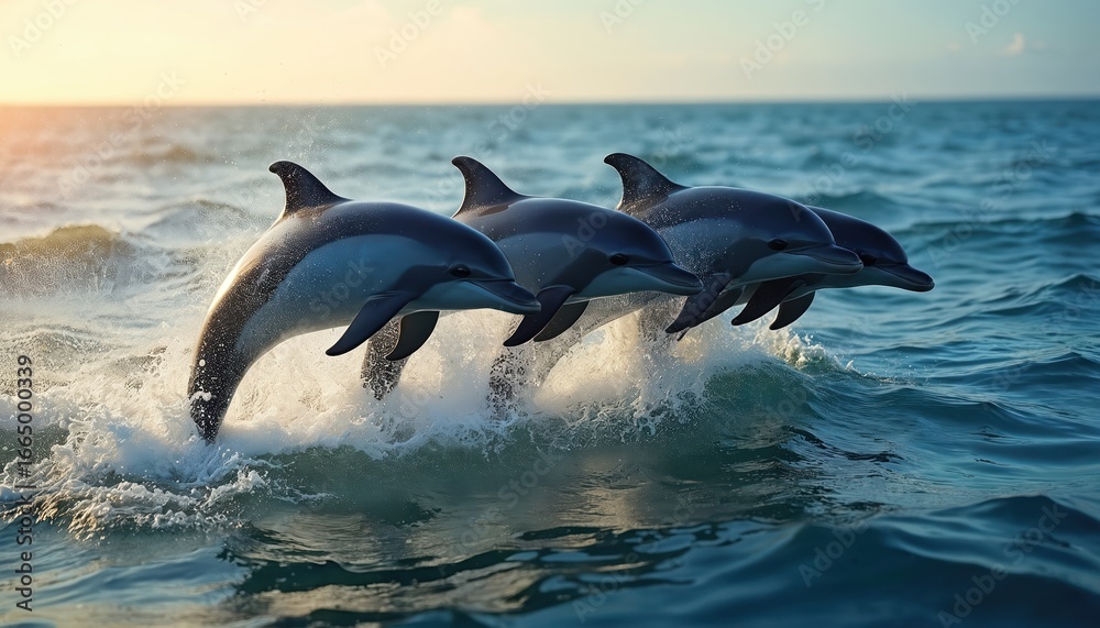 Naklejka premium Four playful dolphins leap from ocean waves under clear blue sky. Vibrant scene captures marine life in energetic motion, natural agility, joyful spirit. Image highlights group of majestic mammals