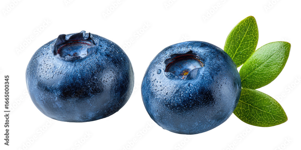 Obraz premium Two ripe blueberries, one with leaves, close-up