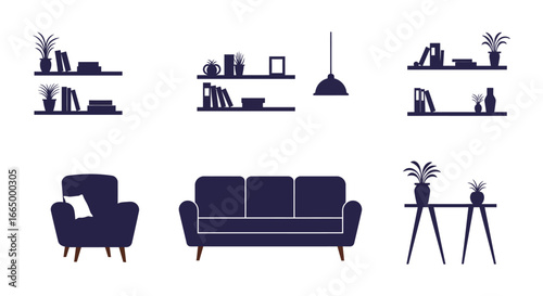 Silhouette of modern living room furniture and decor