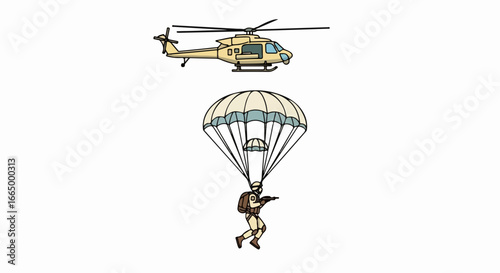 Military helicopter and soldier with parachute in the sky.