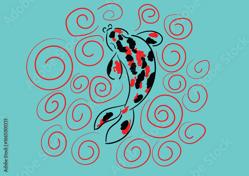 Colorful koi fish swimming in water with red spirals: japanese culture and harmony