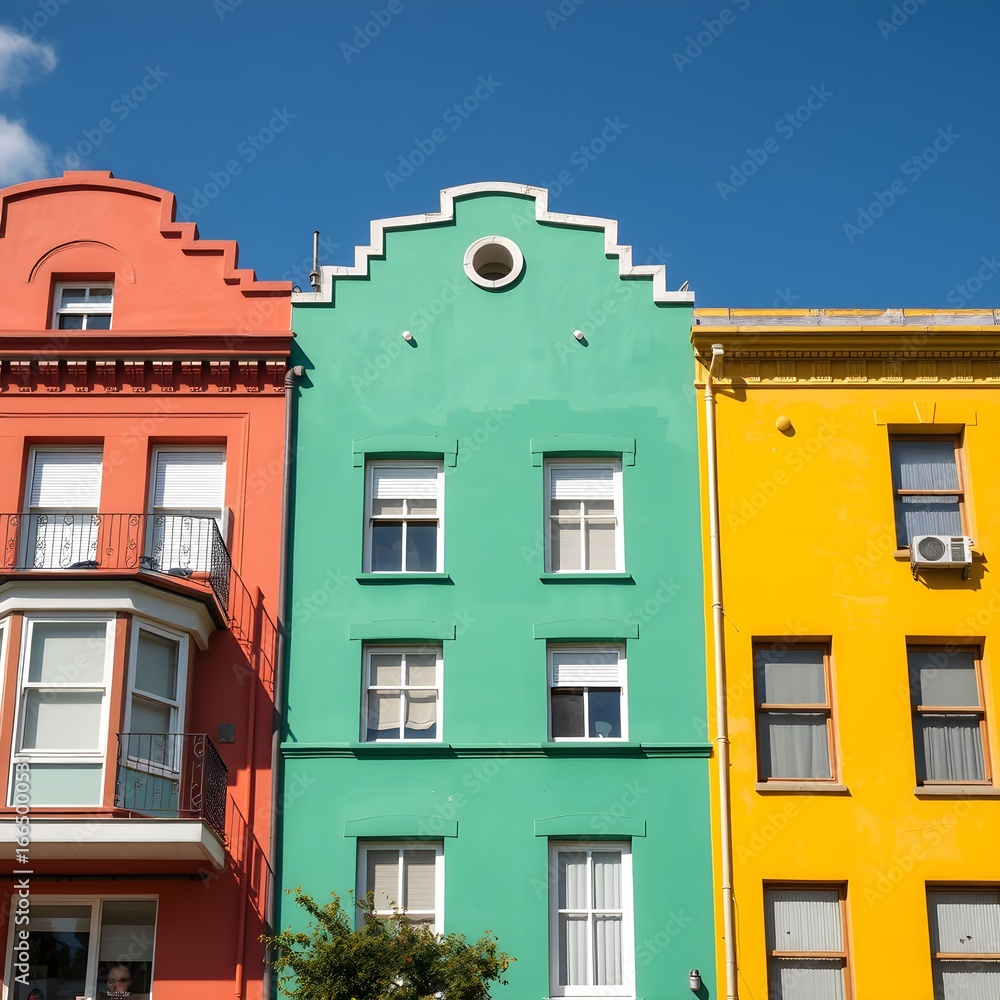 Obraz premium Three brightly colored buildings with unique architectural designs and window arrangements under a clear blue sky.