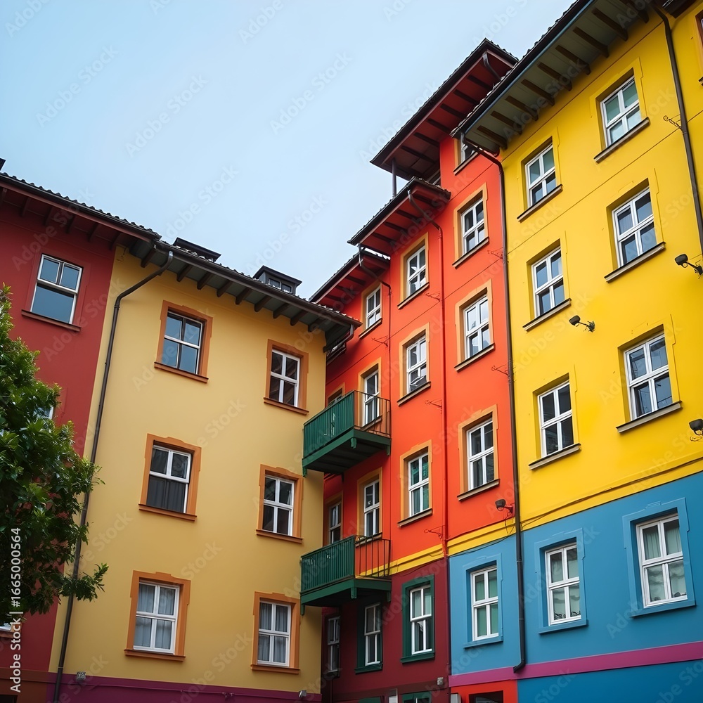 Fototapeta premium Colorful apartment buildings with red, yellow, orange, and blue facades.