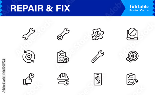 Fix and Service Icon Pack | Modern Minimal, Outline, Flat and Linear Vector Symbols for Repair Tools, Workshop, Maintenance, Construction, DIY and Technical Assistance