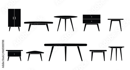 Collection of modern black furniture with various tables and cabinets