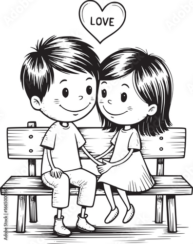 Sweethearts on a Bench: Adorable cartoon couple seated on a rustic bench, hands intertwined, with a floating heart above. This captures the charm of young love, the start of a relationship.