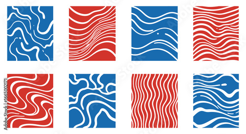 Collection of red and blue abstract topographic map designs with white lines