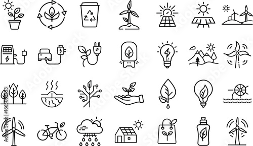 Green city eco energy web icon set in clean line style, including renewable energy, autonomous buildings, air and water quality, zero waste, sustainable environment, and green technology