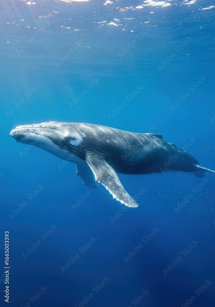 Obraz premium Graceful humpback whale swimming in the clear blue ocean water, illuminated by sunlight from above