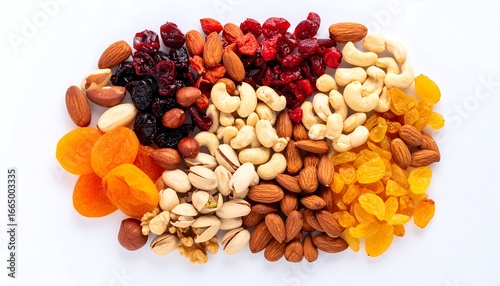 Assorted dried fruit and nuts arranged on a white background