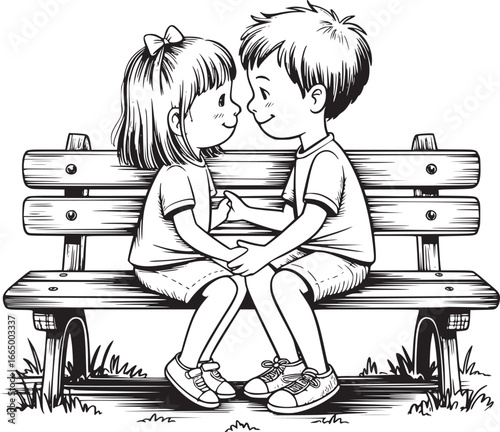 Enchanted Moment: An adorable depiction of two young individuals, seated closely on a simple bench. The illustration encapsulates a pure connection, a moment of tenderness and shared happiness.
