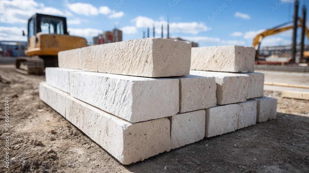 A close-up view of stacked white bricks on a construction site. Heavy machinery is visible in the background, indicating ongoing construction work. A close-up view of stacked white bricks on a construction site. Heavy machinery is visible in the background, indicating ongoing construction work.
