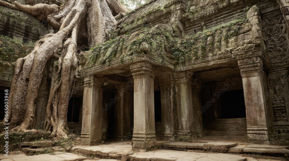 Ancient stone temple overgrown with a large tree Ancient stone temple overgrown with a large tree
