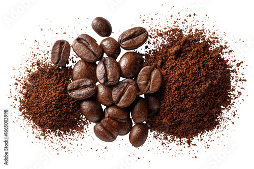 Coffee beans and grounds in a dynamic, textured display