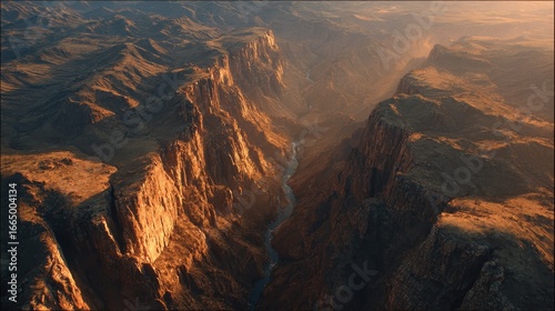 Aerial view of sunset over canyon river