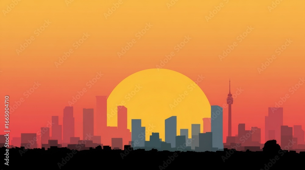 Fototapeta premium City Skyline Silhouette at Sunset Large Sun Buildings and Tower Urban Landscape