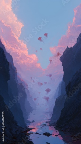 Canyon River Journey Abstract Jellyfish in Sunset Sky. Ethereal travel concept