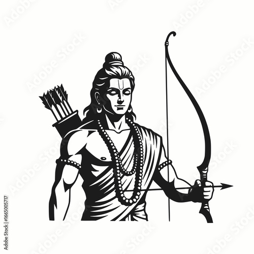 Lord Rama, Hindu Deity, with Bow and Arrow: Monochrome Vector Illustration