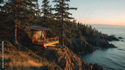 Coastal cabin perched on cliff overlooking ocean