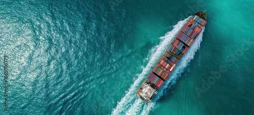 The container ship slicing turquoise ocean with colorful cargo containers aerial shipping view