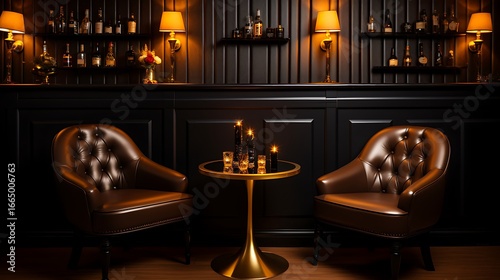 Cozy luxury lounge bar with golden wall sconces, small round black tables, dark wood chairs with gold frames, soft candlelight on each table, and a bar lined with golden light accents, full frame,