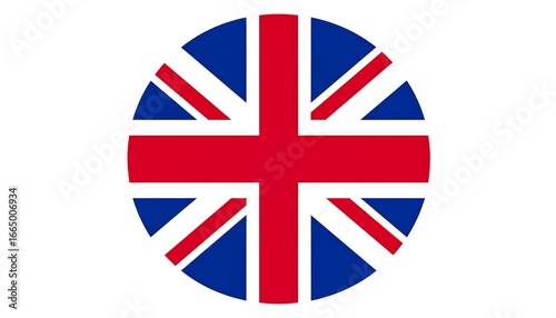 A circular graphic design of the UK flag, displaying vibrant red and blue colors, arranged in a symmetrical pattern on a white background.