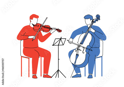 Musicians play violin, cello, sitting, practicing, concert background, for ad design