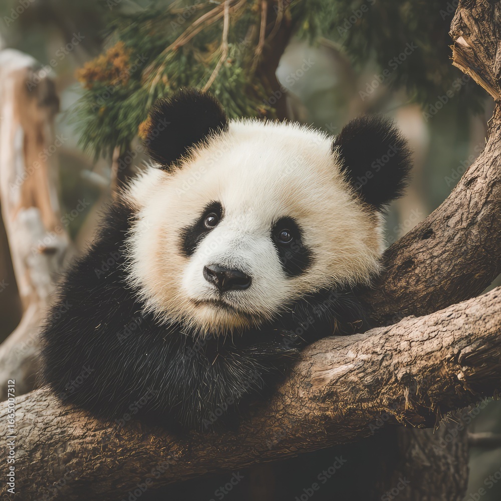 Obraz premium Stock image of a panda lounging on a tree branch.