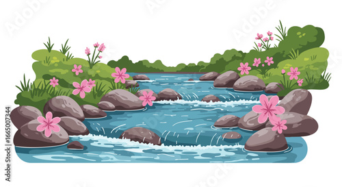 Serene River Landscape with Pink Flowers Rocks and Lush Greenery