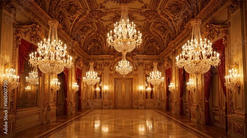 Opulent Ballroom: Gilded Grandeur, Crystal Chandeliers, Palace Interior