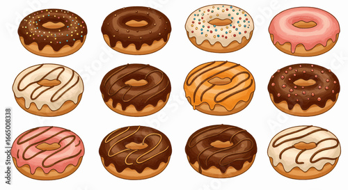 A delectable assortment of sweet donuts with various glazes and sprinkles, perfect for any treat