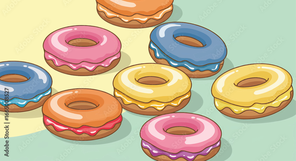 A vibrant vector illustration of an assortment of delicious and colorful frosted donuts A vibrant vector illustration of an assortment of delicious and colorful frosted donuts