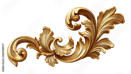 Ornate gold decorative flourish.  Detailed,  intricate scrollwork and leaf forms,  gold-toned