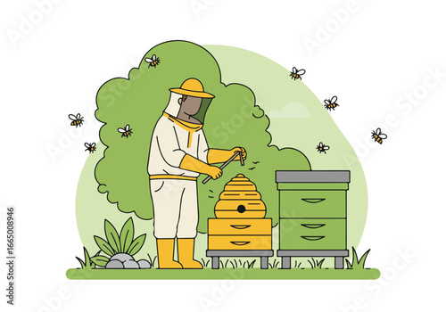 Beekeeper Inspecting Hive with Flying Bees in Garden. Vector for Education