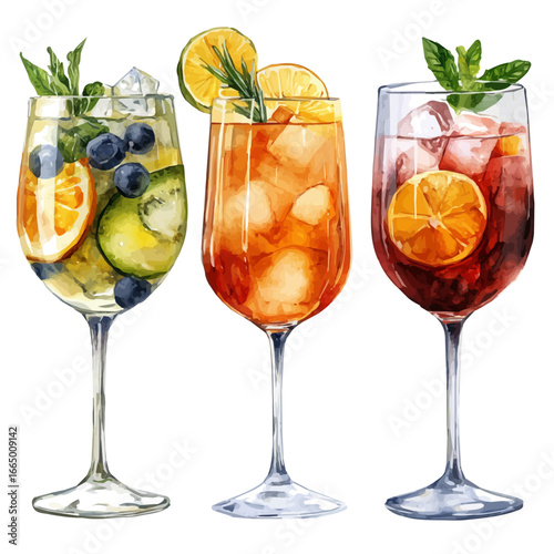 Summer Cocktails Tropical Drinks, watercolor drawing vector, isolated on a white background.