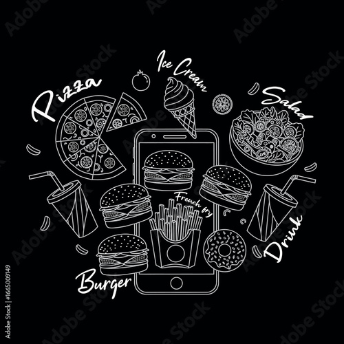 Vector illustration of fast food doodle online order isolated on Black background for Restaurant