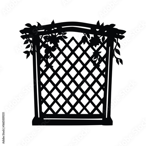 Elegant black silhouette illustration of a vine covered garden trellis structure