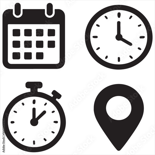 Date, time and address icon set vector silhouette