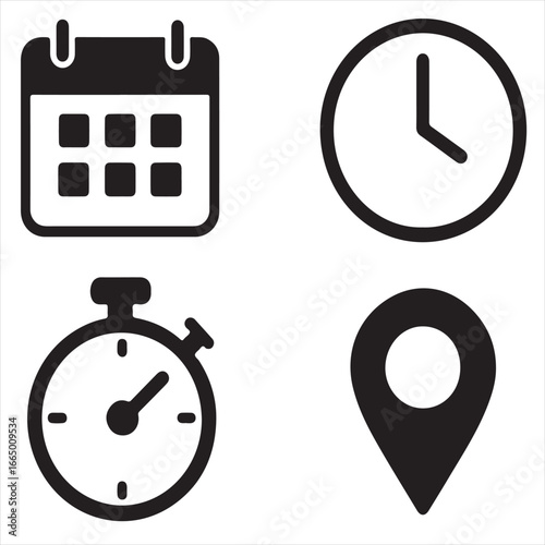 Date, time and address icon set vector silhouette