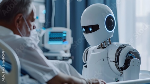 Caring robot assistant comforts elderly patient in hospital room