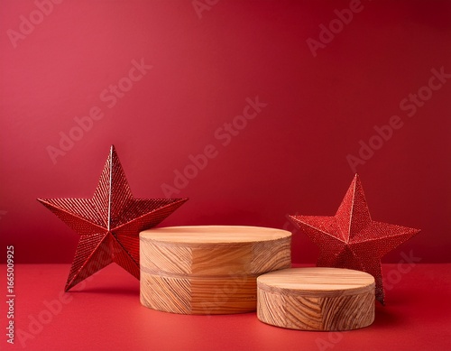 Christmas display concept. Wooden empty podiums on red background with red wooden star shape decorations..Generated image