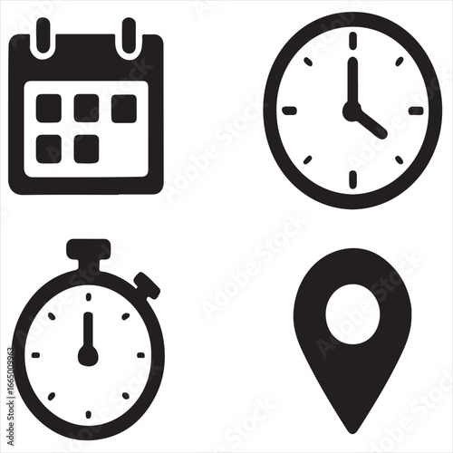 Date, time and address icon set vector silhouette